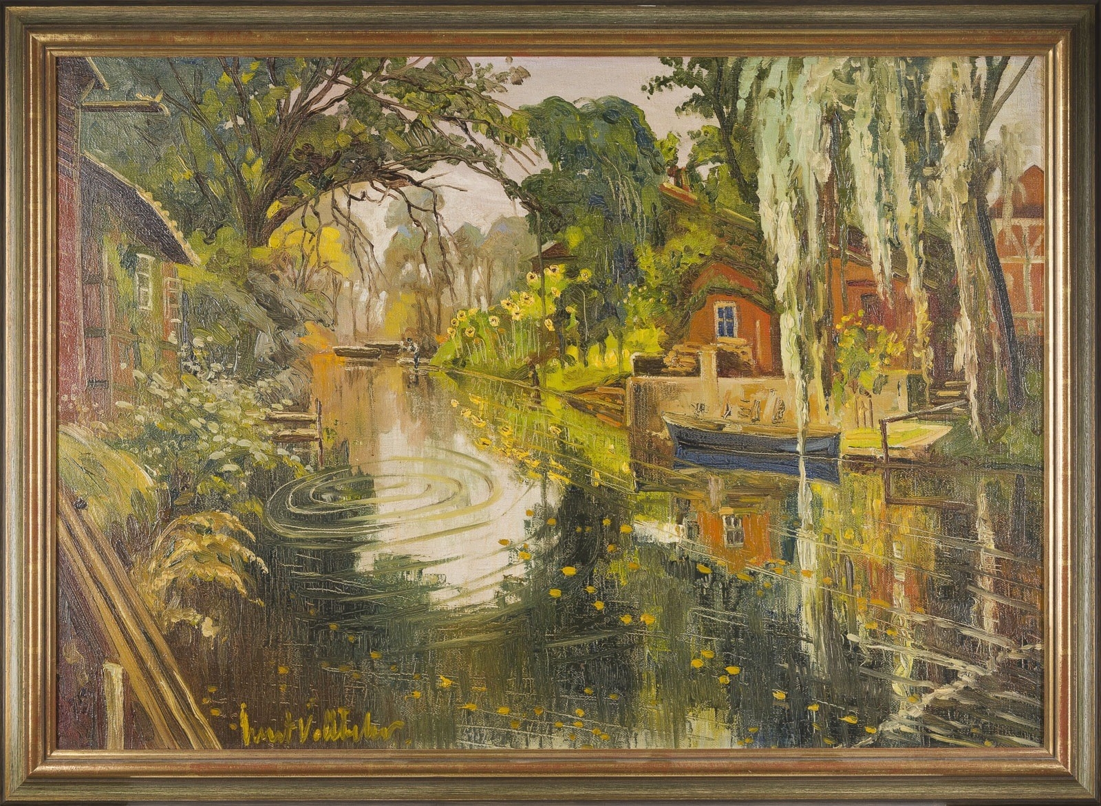 A sun-drenched canal scene with a weeping willow, a blue boat, and a red house reflecting in the water.