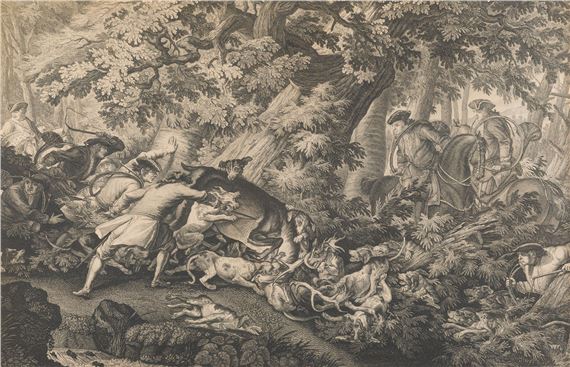 A dense forest scene filled with figures, animals, and a dramatic struggle.