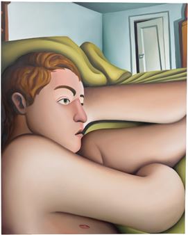 A surreal painting of a nude figure with an elongated face and distorted body, blending reality with dreamlike distortion.
