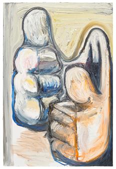 A bold, abstract painting of two figures in a dynamic embrace.