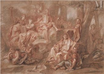 Apollon, au milieu des Muses, leur ordonne de célébrer la gloire de Louis le Grand, vers 1688/1689