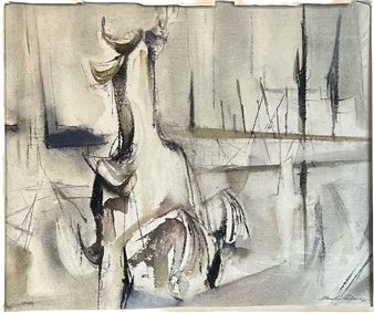 A monochromatic abstract study of a seated figure rendered in loose, expressive strokes.