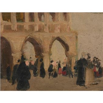 A group of figures in a courtyard under an arched stone structure.