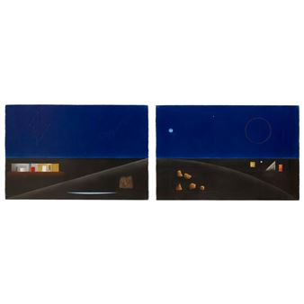 A diptych of nocturnal landscapes featuring deep blue skies, dark foregrounds, and small geometric lights.