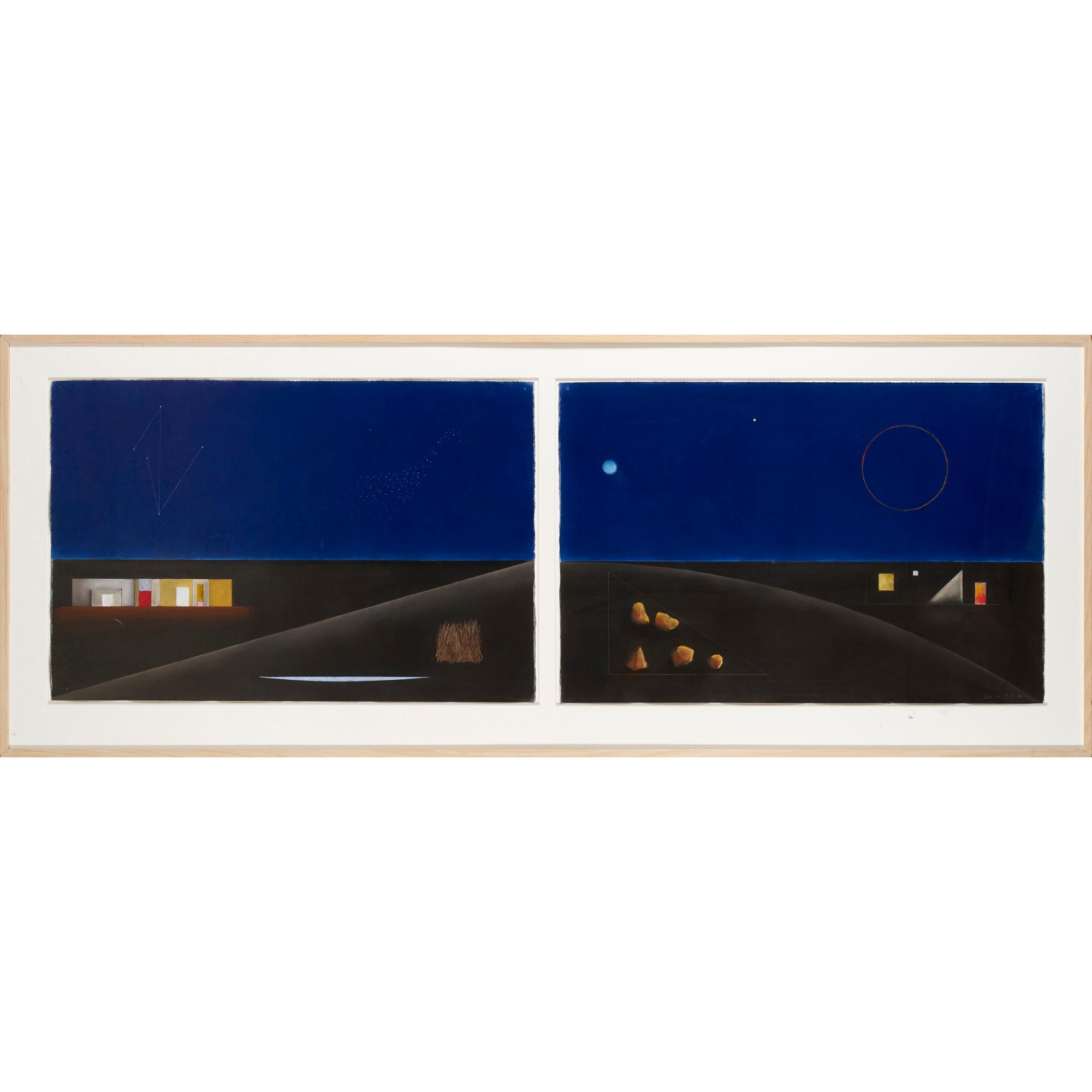 A diptych of nocturnal landscapes featuring deep blue skies, dark foregrounds, and small geometric lights.