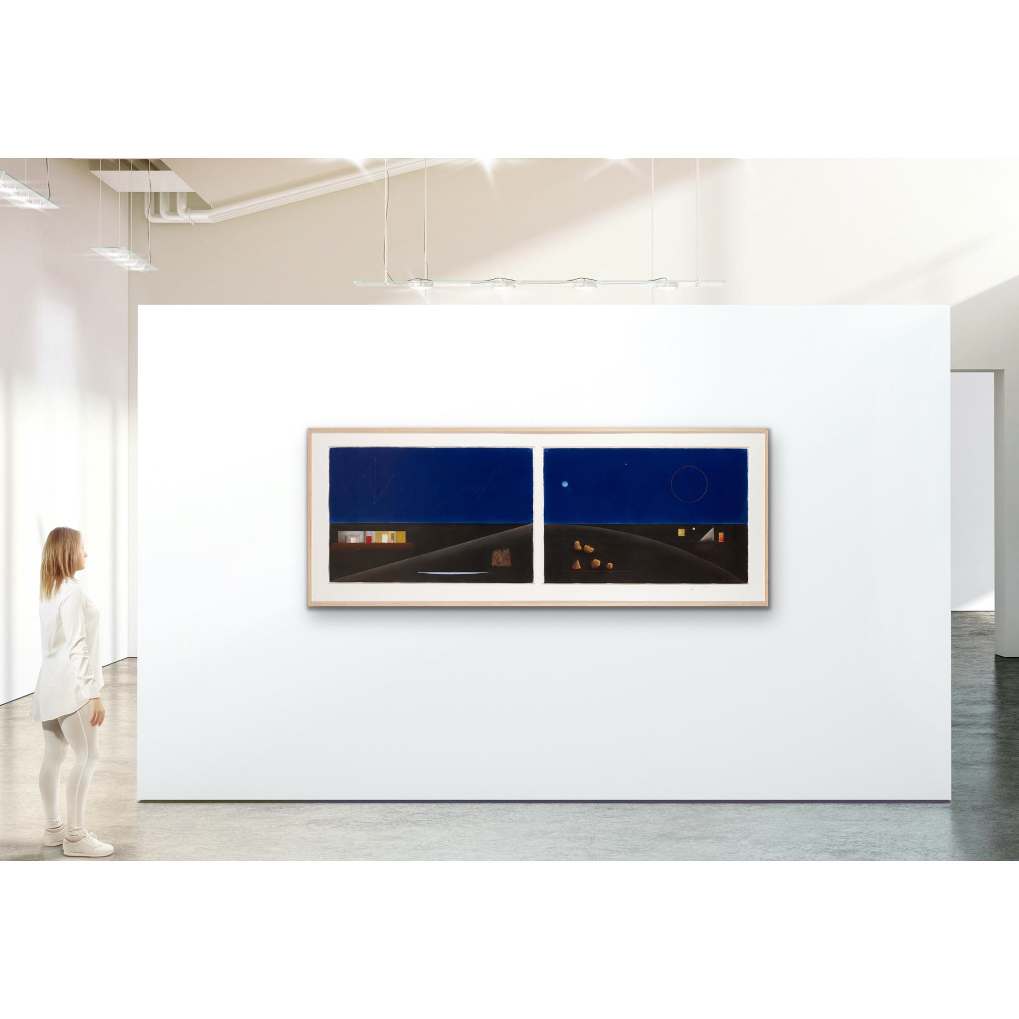 A diptych of nocturnal landscapes featuring deep blue skies, dark foregrounds, and small geometric lights.