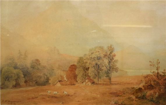 A pastoral Lake District landscape with sheep and farm buildings - W. H. Williamson