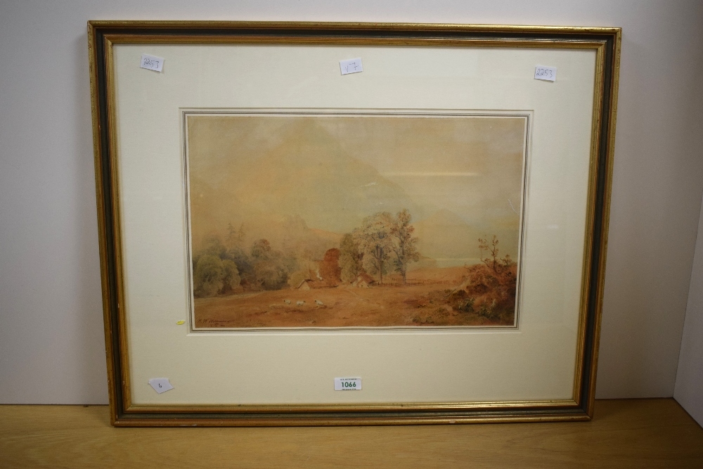 A hazy pastoral landscape featuring a distant mountain, scattered trees, and grazing sheep.