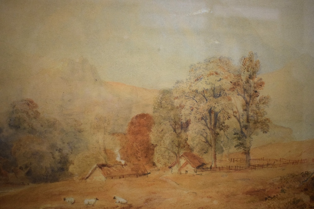 A hazy pastoral landscape featuring a distant mountain, scattered trees, and grazing sheep.