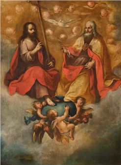 A classical religious painting featuring two seated figures in red and gold robes, a white dove, cherubs, and a celestial background.