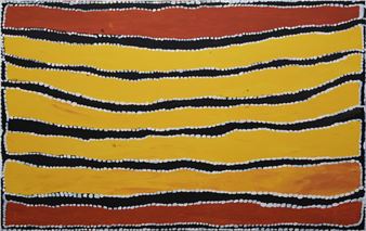 A vibrant Aboriginal-style painting featuring wavy horizontal bands of red, yellow, and black.