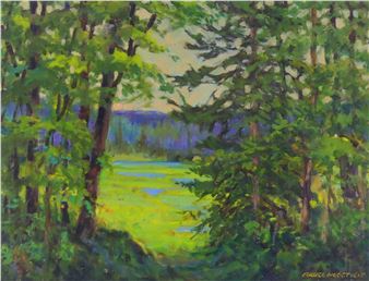 A vibrant impressionist landscape painting of a sunlit forest clearing.