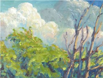 A vibrant landscape painting featuring a lush green tree and bare branches against a dramatic sky.