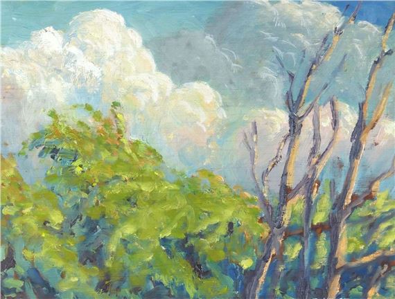 An original oil on wood panel depicting a sunlit landscape with trees and clouds - Bruce Heggtveit