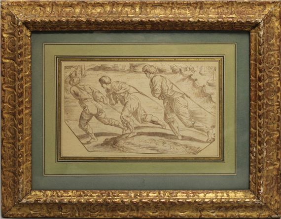 Three fishermen lifting the net, after Julius Romain - Italian School, 16th Century