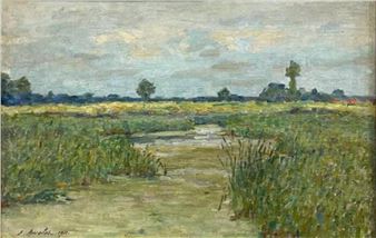 A serene landscape painting of a sunlit field with a winding path leading toward distant trees under a cloudy sky.