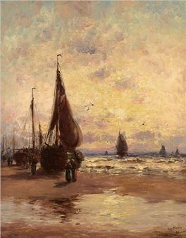 A serene beach scene at sunset featuring fishing boats and a lone figure.