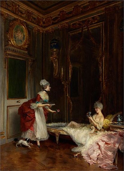 A formal interior scene featuring two figures in elaborate period attire within an ornate, dimly lit room.