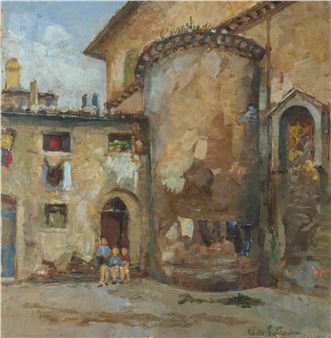 A sun-drenched European courtyard scene with figures and laundry hanging between weathered stone buildings.