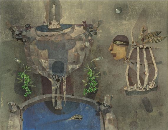 Artwork by Ganesh Pyne, Crossing the Fountain, Made of tempera on canvas