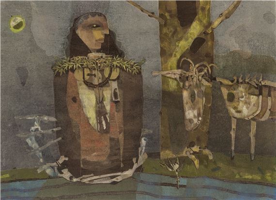 Artwork by Ganesh Pyne, Encounter in the Twilight Zone, Made of tempera on canvas