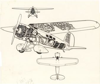 A technical line drawing of a biplane showing its internal structure and multiple views.
