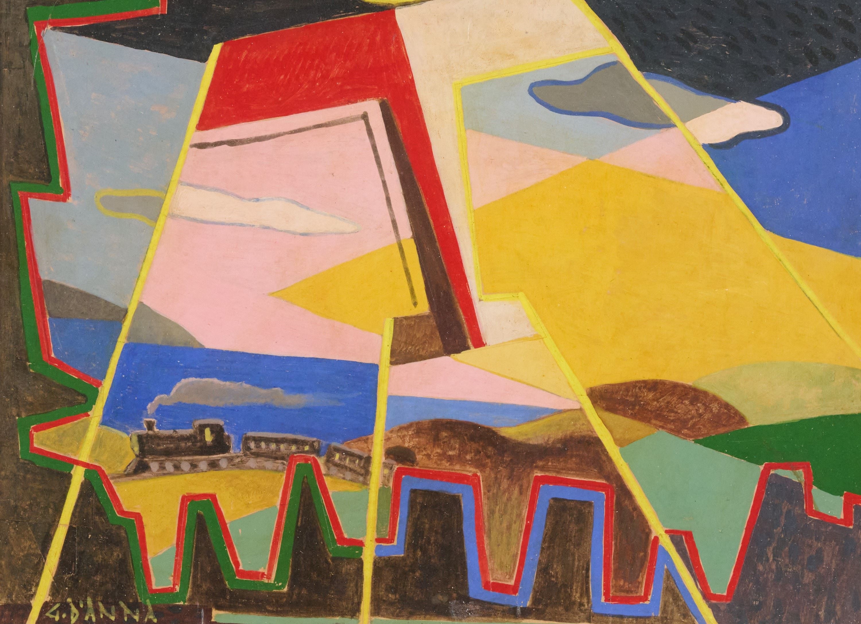 A vibrant Cubist landscape featuring a train, geometric mountains, and bold angular shapes.