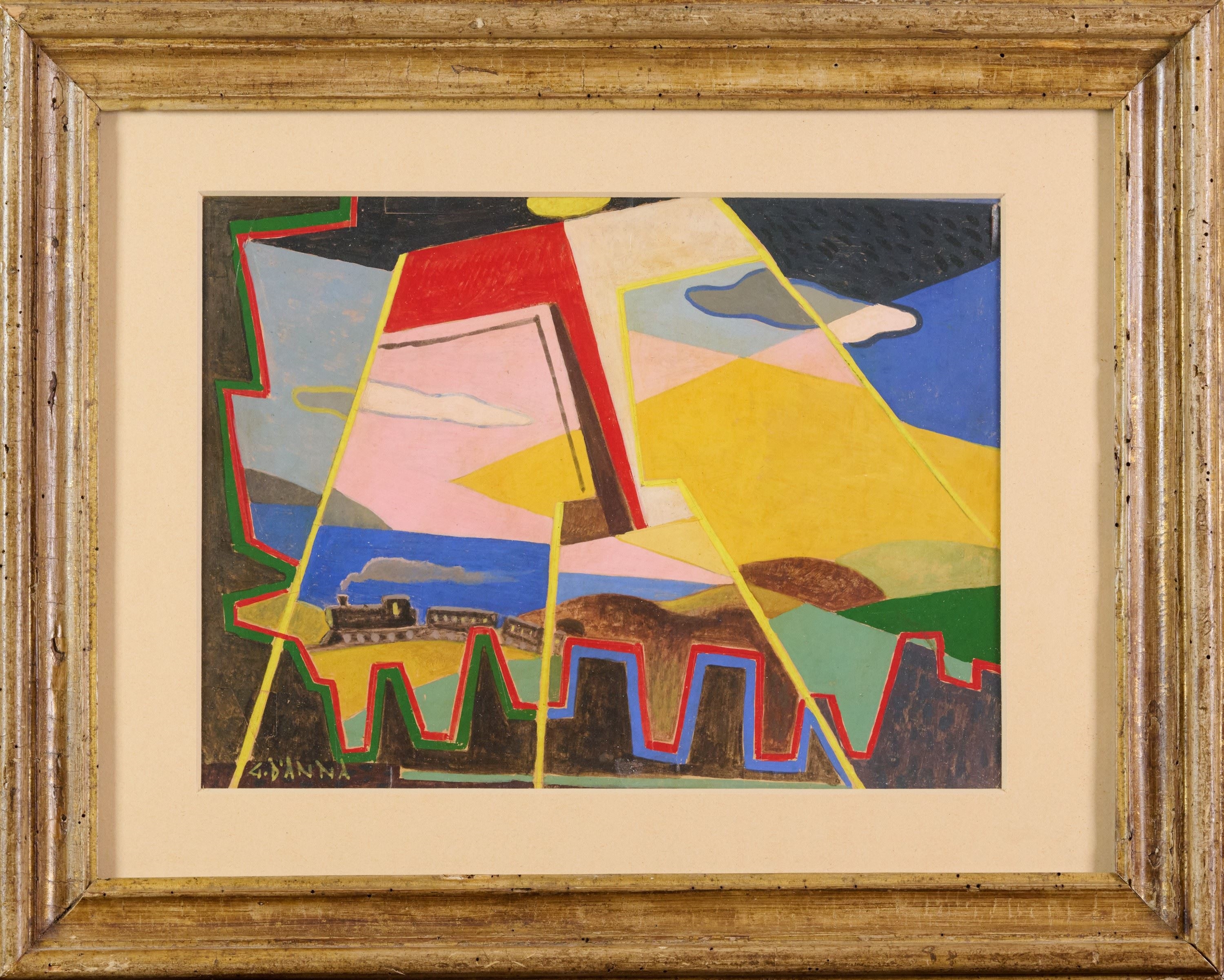 A vibrant Cubist landscape featuring a train, geometric mountains, and bold angular shapes.