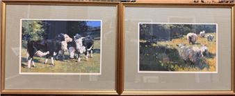 A diptych of pastoral scenes featuring two framed paintings of cattle in a sunlit field.