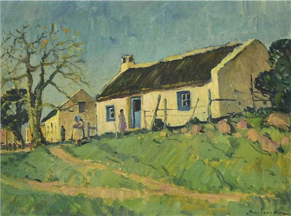 "A pastoral landscape painting featuring a thatched cottage, figures, and a rural path under a textured sky."