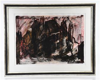 A moody charcoal and pastel drawing of a ruined village scene.