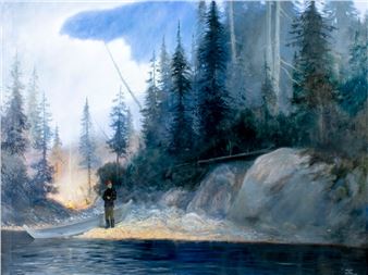 A lone figure stands on a rocky shore near a calm lake, surrounded by a misty forest and a distant fire.
