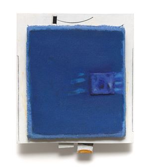 A minimalist blue square painting with a small inset block and abstract brushstrokes.