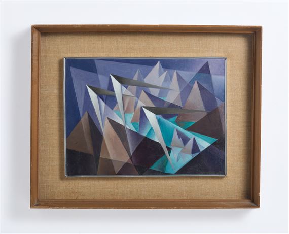 A framed abstract geometric painting featuring sharp triangular forms in cool blues, teals, and browns against a deep blue background.