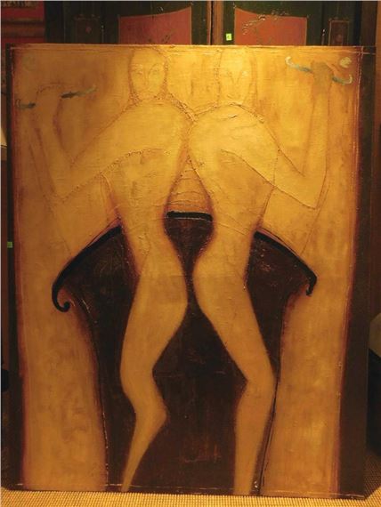 A symmetrical painting of two nude figures back-to-back on a dark chair against a golden background.