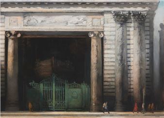 A classical architectural scene featuring a grand entrance with columns and an ornate gate.