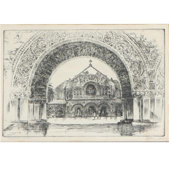 A monochromatic architectural sketch featuring a grand arch framing an ornate building.