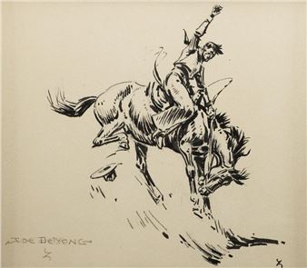 A drawing of a cowboy riding a bucking bronco.