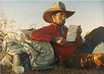 A figure in a red shirt and cowboy hat sits outdoors reading a letter, surrounded by camping gear.