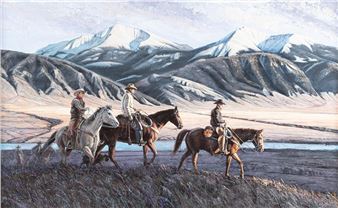 A landscape painting of three figures on horseback traversing a rugged terrain with distant snow-capped mountains.
