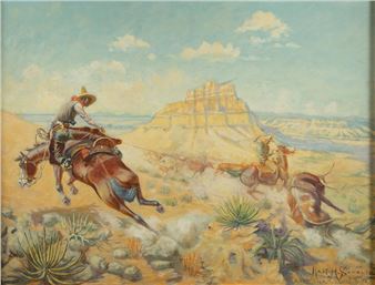 A dynamic oil painting of cowboys roping cattle in a desert landscape.