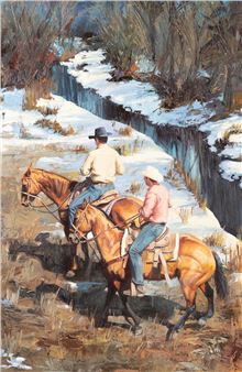 Two figures ride horses along a snowy creek in a winter landscape.