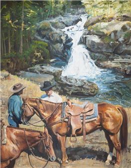 A pastoral scene featuring two figures and horses near a waterfall.