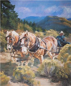 A painterly scene of a cowboy driving a wagon pulled by two large horses through a rugged landscape.