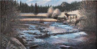 A realistic painting of a winter stream with deer crossing it.