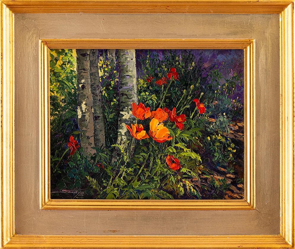 A vibrant oil painting of a sunlit forest clearing featuring birch trees and bright poppies.