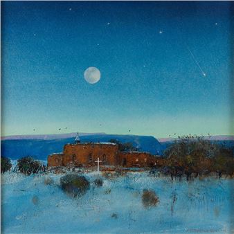 A serene winter night scene featuring a rustic church under a starry sky.