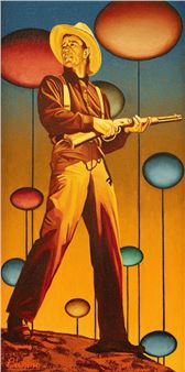 A stylized figure in a cowboy hat holds a rifle while floating colorful spheres surround them against a gradient background.