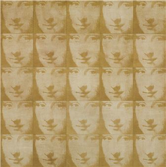 A grid of repeating sepia-toned faces with a small bird silhouette superimposed on each.