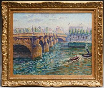A vibrant impressionist landscape of a river scene featuring a stone bridge and boats.